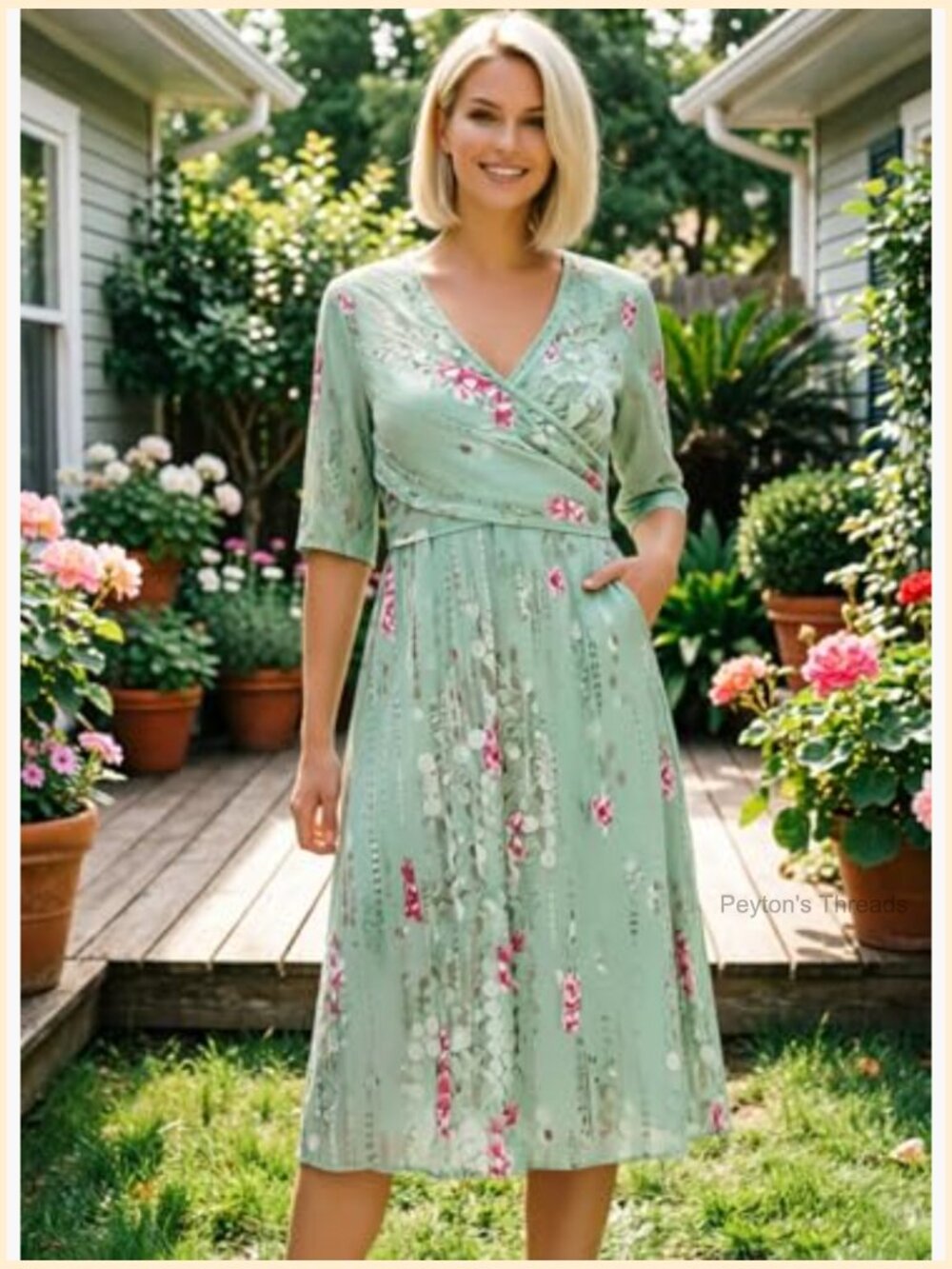 Pleated 3/4 Sleeve Midi Dress with Side Pockets - Picture 3 of 7